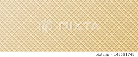 Waffle texture vector bg, baked biscuit of ice cream cone. Seamless cookie square pattern. Sweet crispy wafer, dessert menu banner. Bakery 3d structure of summer food, cartoon cute yellow pancake 143581749