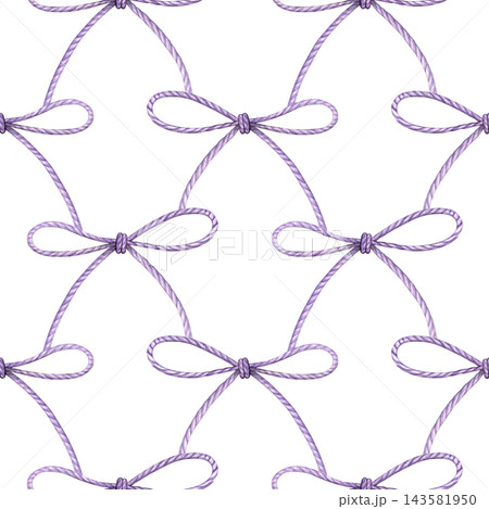 Seamless watercolor pattern of lavender rope bows connected by curved lines. Hand-painted design for wedding stationery, gift wrapping, fabric, scrapbooking and decorative paper 143581950