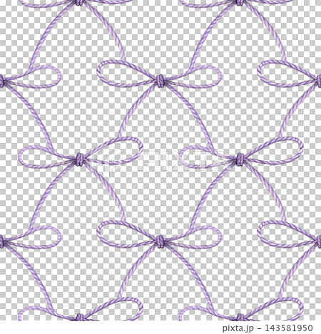 Seamless watercolor pattern of lavender rope bows connected by curved lines. Hand-painted design for wedding stationery, gift wrapping, fabric, scrapbooking and decorative paper 143581950