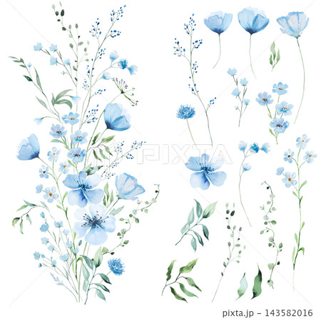 Floral bouquet clipart with pale blue watercolor wildflowers , hand drawn isolated wedding illustration Floral bouquet clipart with pale blue watercolor wildflowers , hand drawn isolated wedding illustration 143582016