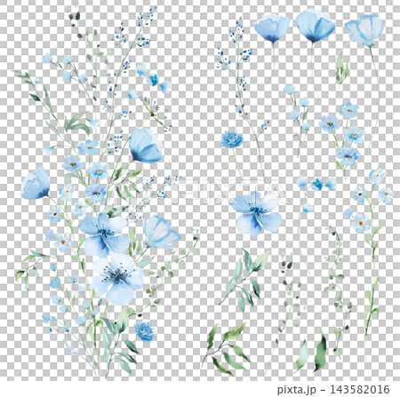 Floral bouquet clipart with pale blue watercolor wildflowers , hand drawn isolated wedding illustration Floral bouquet clipart with pale blue watercolor wildflowers , hand drawn isolated wedding illustration 143582016