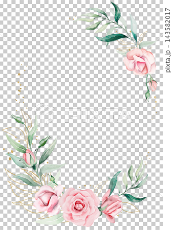 Floral wreath with watercolor pink roses and green leaves, illustration for wedding stationery Floral wreath with watercolor pink roses and green leaves, illustration for wedding stationery 143582017