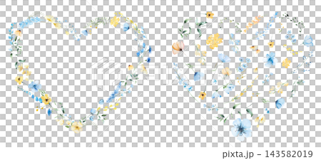 Hearts clipart with watercolor light blue and yellow wildflowers, illustration for wedding stationery Hearts clipart with watercolor light blue and yellow wildflowers, illustration for wedding stationery 143582019