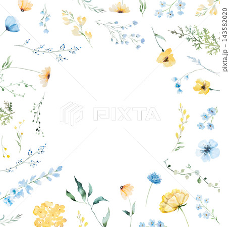 Round floral frame with blue and yellow watercolor wildflowers and leaves, wedding illustration Round floral frame with blue and yellow watercolor wildflowers and leaves, wedding illustration 143582020