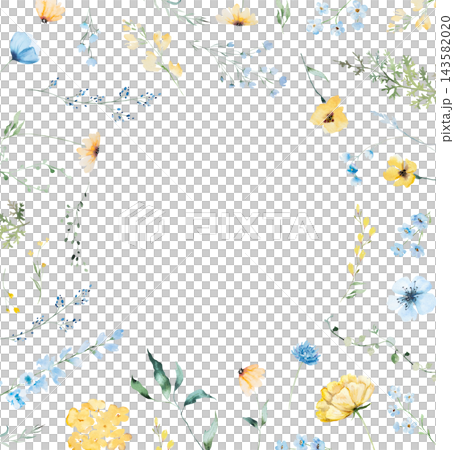 Round floral frame with blue and yellow watercolor wildflowers and leaves, wedding illustration Round floral frame with blue and yellow watercolor wildflowers and leaves, wedding illustration 143582020