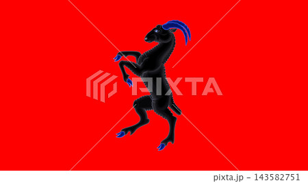 Black goat with blue horns and hooves on red background, stylized vector illustration of a horned animal in a dynamic pose. Black goat with blue horns and hooves on red background, stylized vector illustration of a horned animal in a dynamic pose. 143582751