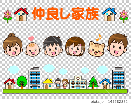 Family face icons and streetscape illustrations Family face icons and streetscape illustrations 143582882
