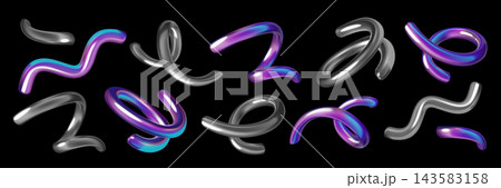 3d spiral shapes collection. Holographic and chrome metal abstract gradient wavy line elements set 143583158