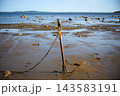 Rusty metal anchor stuck in wet sand at low tide at White Sea. Old maritime mooring equipment with rope on a rocky beach. Coastal landscape with sea and distant hills 143583191
