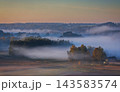Fields covered in fog in Kernave, Lithuania 143583574