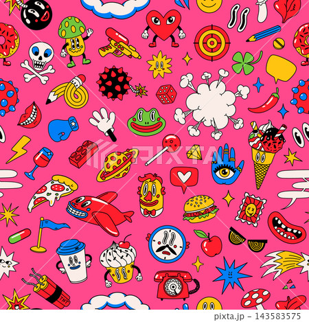 Comic cartoon sticker with pop art food and doodles 143583575