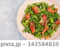 Fresh asparagus salad with smoked salmon and peas. 143584810