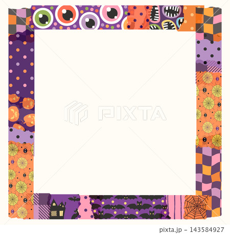 Fun orange and purple square Halloween vector frame, Colorful collage border with washi tape pieces with different patterns for kids designs, posters and invitations 143584927