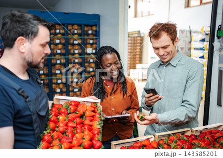 Diverse team checking strawberry quality at food warehouse 143585201