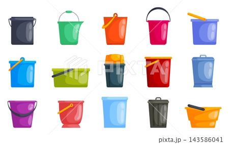Illustrations of household and industrial containers including zinc pails tubs baskets and mops for cleaning and emergency safety themes 143586041