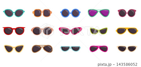 Collection of retro and modern sunglasses illustrations with various frames and lenses for summer fashion accessory shops and sun protection themes 143586052