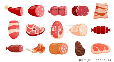 Illustrations of sausages sliced meats poultry cutlets and fillets for barbecue menus butcher shops and protein food designs Illustrations of sausages sliced meats poultry cutlets and fillets for barbecue menus butcher shops and protein food designs 143586053