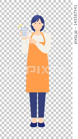 A full-body illustration of a housewife using a calculator to estimate household expenses, simulating living costs and pointing to her finger. 143587541