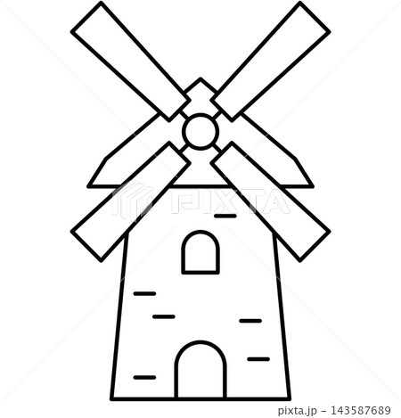 Line art style icon illustration of a stone brick traditional windmill isolated on transparent background. Minimalist thin line design element clip art for countryside architecture UI. Line art style icon illustration of a stone brick traditional windmill isolated on transparent background. Minimalist thin line design element clip art for countryside architecture UI. 143587689