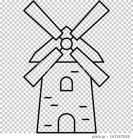 Line art style icon illustration of a stone brick traditional windmill isolated on transparent background. Minimalist thin line design element clip art for countryside architecture UI. Line art style icon illustration of a stone brick traditional windmill isolated on transparent background. Minimalist thin line design element clip art for countryside architecture UI. 143587689