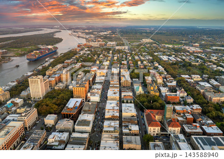 Old historical city Savannah in Georgia. Southern USA cityscape at sunset 143588940