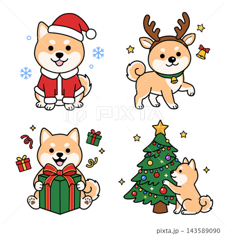 サンタやトナカイの仮装をした可愛い柴犬(赤柴)のクリスマスイラストセット サンタやトナカイの仮装をした可愛い柴犬(赤柴)のクリスマスイラストセット 143589090