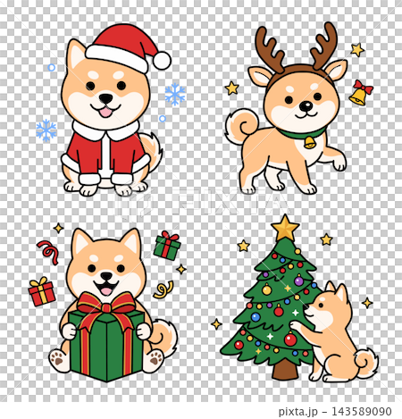 サンタやトナカイの仮装をした可愛い柴犬(赤柴)のクリスマスイラストセット サンタやトナカイの仮装をした可愛い柴犬(赤柴)のクリスマスイラストセット 143589090