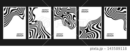 Black and white liquid lines poster background set. Abstract curly wave design templates for banner, flyer, ads, leaflet, brochure, booklet. Vector psychedelic groovy stripes wallpaper collection 143589118