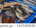 鮮魚店の氷の上に並べられた新鮮なアジと手書きの値札 143589690