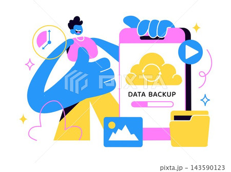 Data Backup Vector Illustration Featuring Cloud Storage, Secure File Recovery, Digital Protection, Database Management, and Information Security 143590123