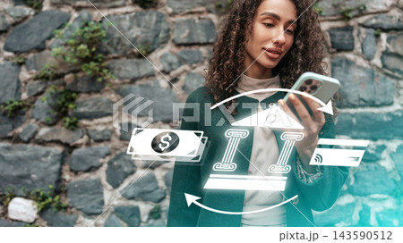 Online payment process with a person checking their phone near a stone wall Online payment process with a person checking their phone near a stone wall 143590512