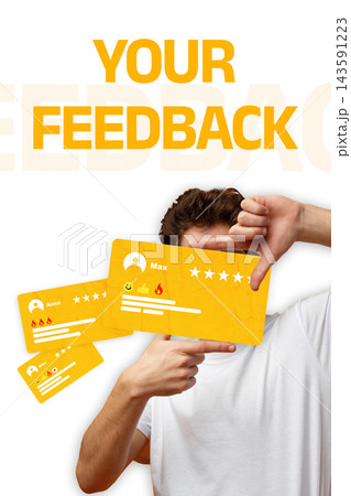 Hands holding feedback cards with ratings in the background 143591223