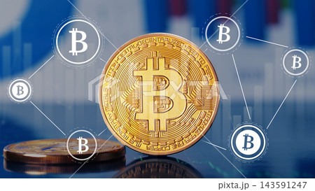 Bitcoin coins placed on a surface with symbols and graphs showing digital currency trends and transactions in the background Bitcoin coins placed on a surface with symbols and graphs showing digital currency trends and transactions in the background 143591247