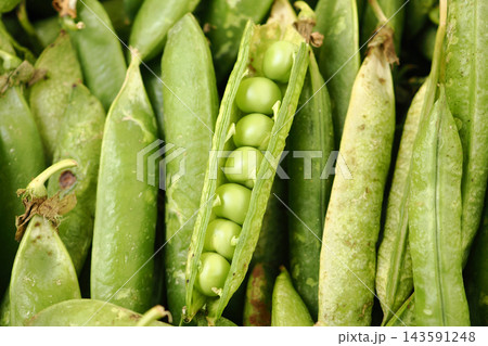 At a bustling market, you can find fresh green peas nestled in their pods At a bustling market, you can find fresh green peas nestled in their pods 143591248