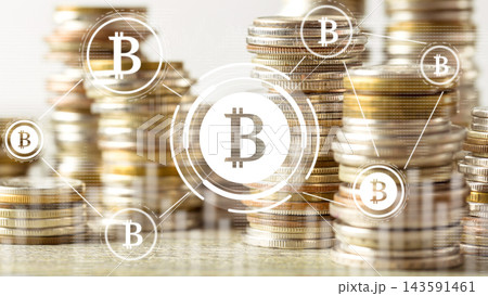 Bitcoin coins and stacks with digital symbols showing cryptocurrency concept 143591461