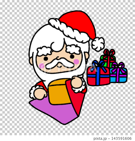 Santa Claus (in bright colors) is preparing Christmas presents. 143591606