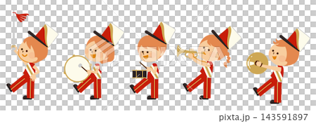 Cute illustrations of children in a marching band or drum and fife corps. Cute illustrations of children in a marching band or drum and fife corps. 143591897