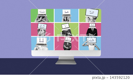 People with computer monitor heads show emotions related to fake news in a creative collage 143592120