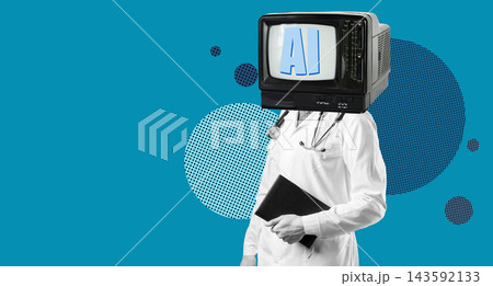 Doctor with TV head displaying AI in a simple graphic design setting Doctor with TV head displaying AI in a simple graphic design setting 143592133