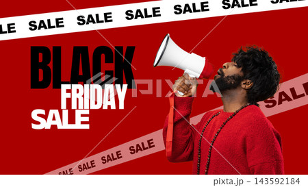 Black Friday sale event with announcement and promotional activities happening in a retail space Black Friday sale event with announcement and promotional activities happening in a retail space 143592184