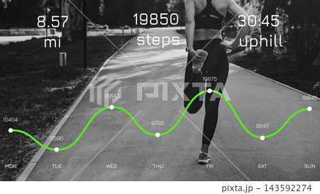 Runner tracks distance and steps during a week of workouts in a park 143592274