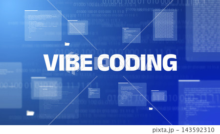 Vibe coding displays lines of code and digital graphics on a blue background in a tech-focused setting 143592310