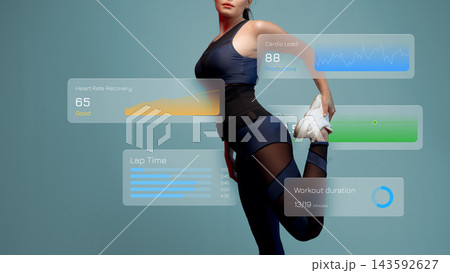 Sport-related fitness activity with health metrics displayed during exercise session Sport-related fitness activity with health metrics displayed during exercise session 143592627