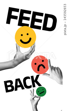 Hands holding smiley and sad faces with the word feedback displayed prominently 143592653