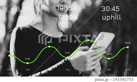 Fitness tracking data displayed on a smartphone shows progress in steps taken, distance run, and elevation gain for the week 143592755