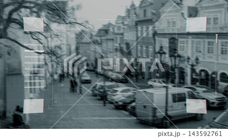 Surveillance system monitoring street activity in urban location with vehicles and people present Surveillance system monitoring street activity in urban location with vehicles and people present 143592761