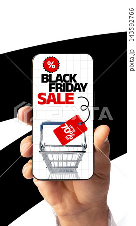 Black Friday sale announcement with discount details on a mobile phone screen Black Friday sale announcement with discount details on a mobile phone screen 143592766