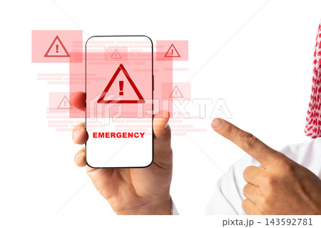 Emergency 911 response alert on mobile phone with warning signs and symbols displayed on the screen Emergency 911 response alert on mobile phone with warning signs and symbols displayed on the screen 143592781