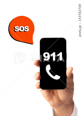 Calling emergency services with a mobile phone showing 911 and SOS symbols during a critical situation Calling emergency services with a mobile phone showing 911 and SOS symbols during a critical situation 143592789