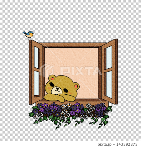 An illustration of a bear relaxing by an open window. An illustration of a bear relaxing by an open window. 143592875